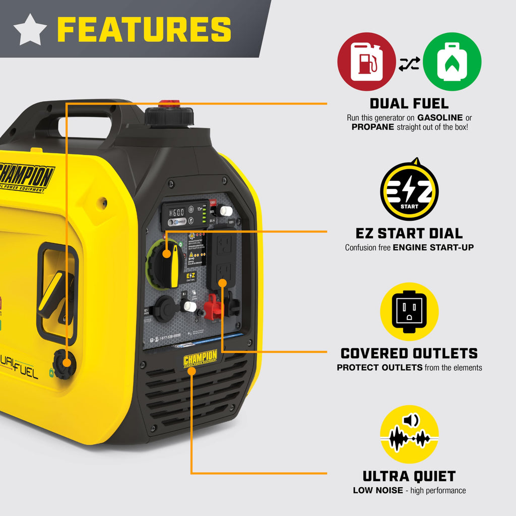 Champion 2500W Dual Fuel Ultralight Inverter Generator, CO Shield